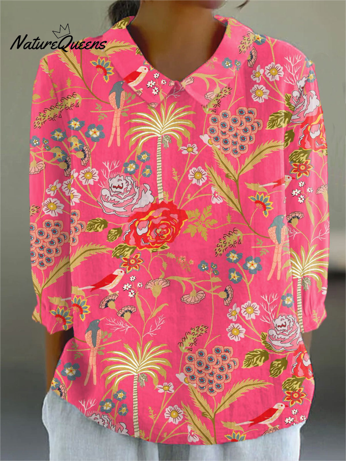 Women's Vintage Flowers Art Print Casual Cotton And Linen 3/4 Sleeve Shirt