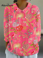 Women's Vintage Flowers Art Print Casual Cotton And Linen 3/4 Sleeve Shirt