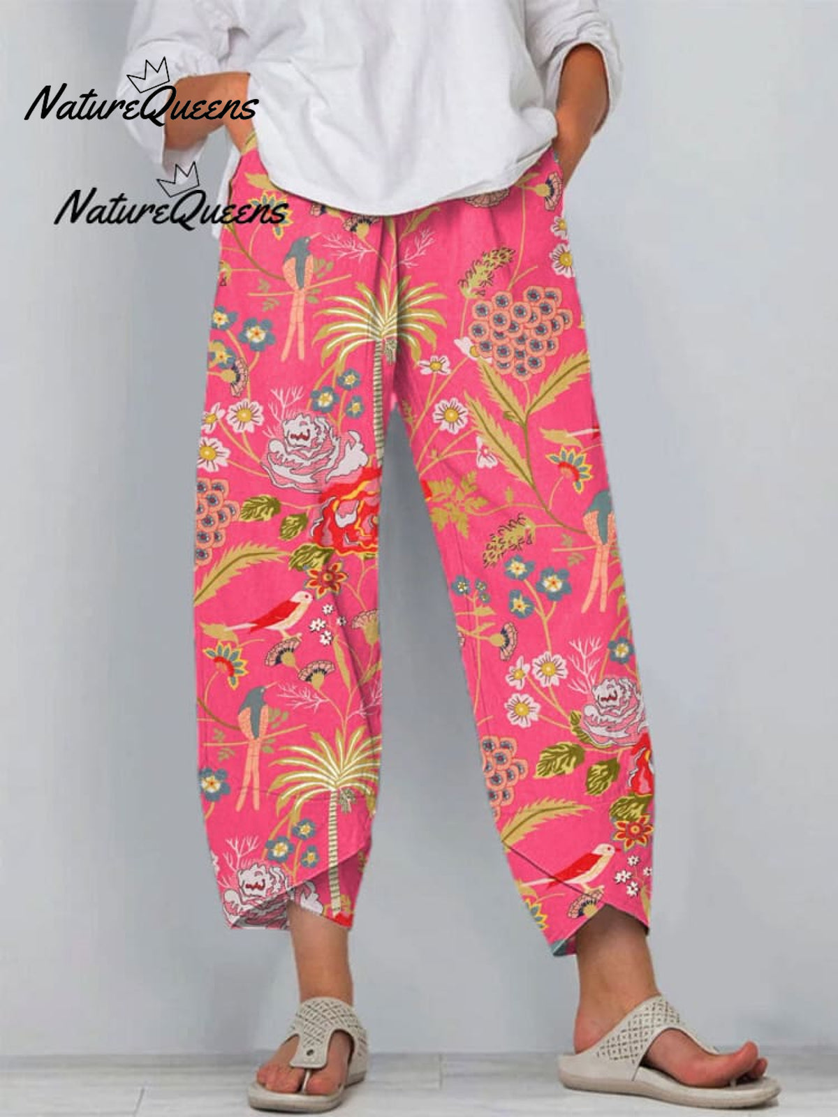 Women'sVintage Flowers Art Print Casual Linen V-neck Shirt