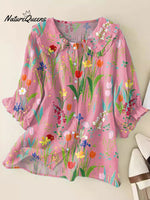 Women Vintage Flowers Art Print Loose Top Peter Pan Collar Half Sleeve Blouses