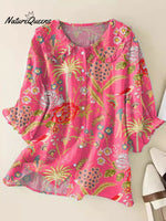 Women Vintage Flowers Art Print Loose Top Peter Pan Collar Half Sleeve Blouses