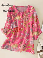 Women'sVintage Flowers Art Print Casual Linen V-neck Shirt