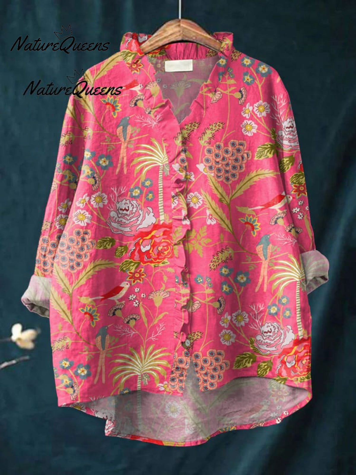 Women'sVintage Flowers Art Print Casual Linen V-neck Shirt