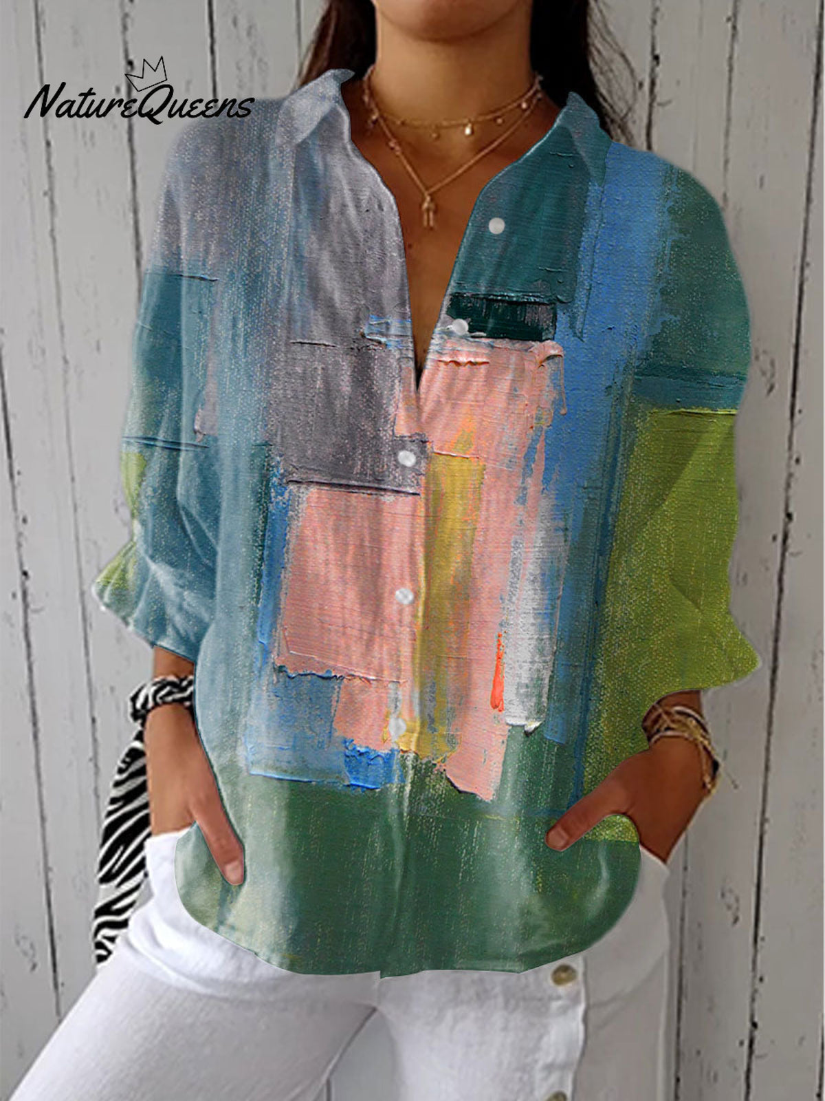 Women'sVintage Abstract Geometric Art Print Casual Linen V-neck Shirt
