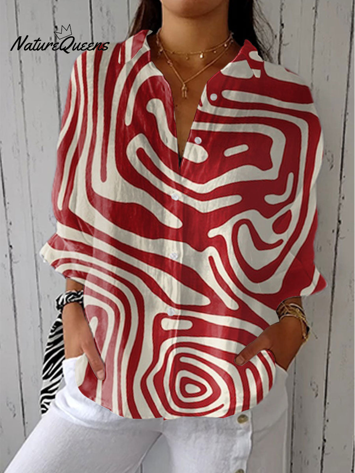 Women'sVintage Abstract Geometric Art Print Casual Linen V-neck Shirt