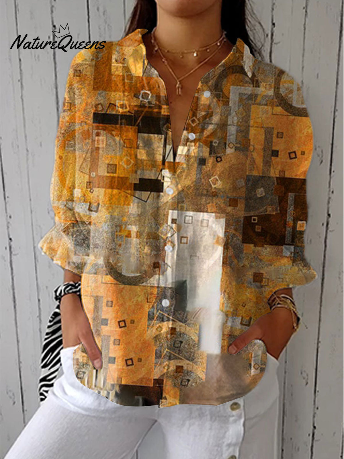 Women'sVintage Abstract Geometric Art Print Casual Linen V-neck Shirt
