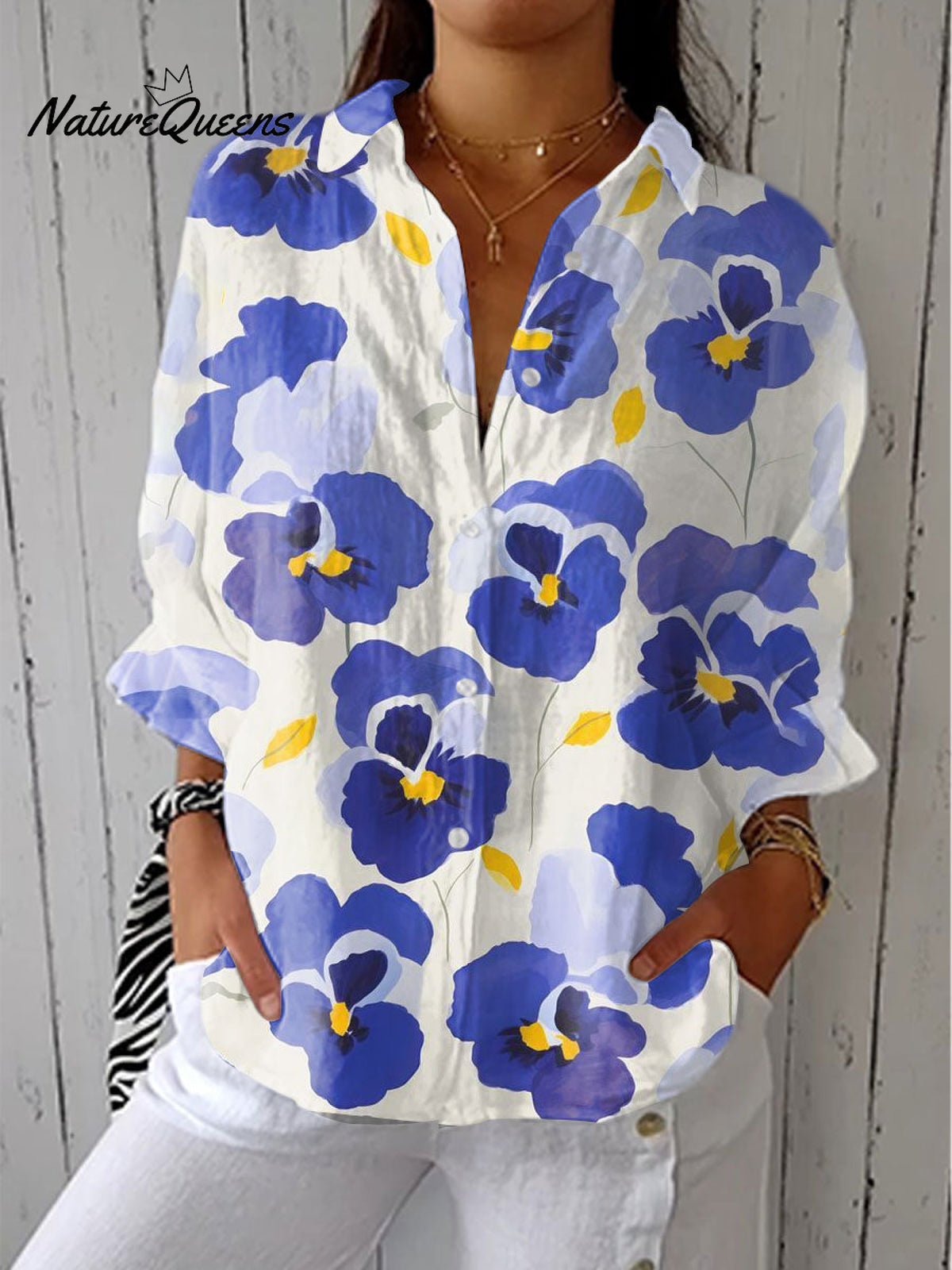 Women'sVintage Flowers Art Print Casual Linen V-neck Shirt