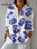 Women'sVintage Flowers Art Print Casual Linen V-neck Shirt