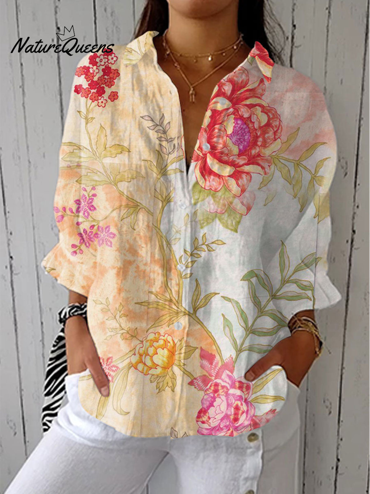 Women'sVintage Flowers Art Print Casual Linen V-neck Shirt