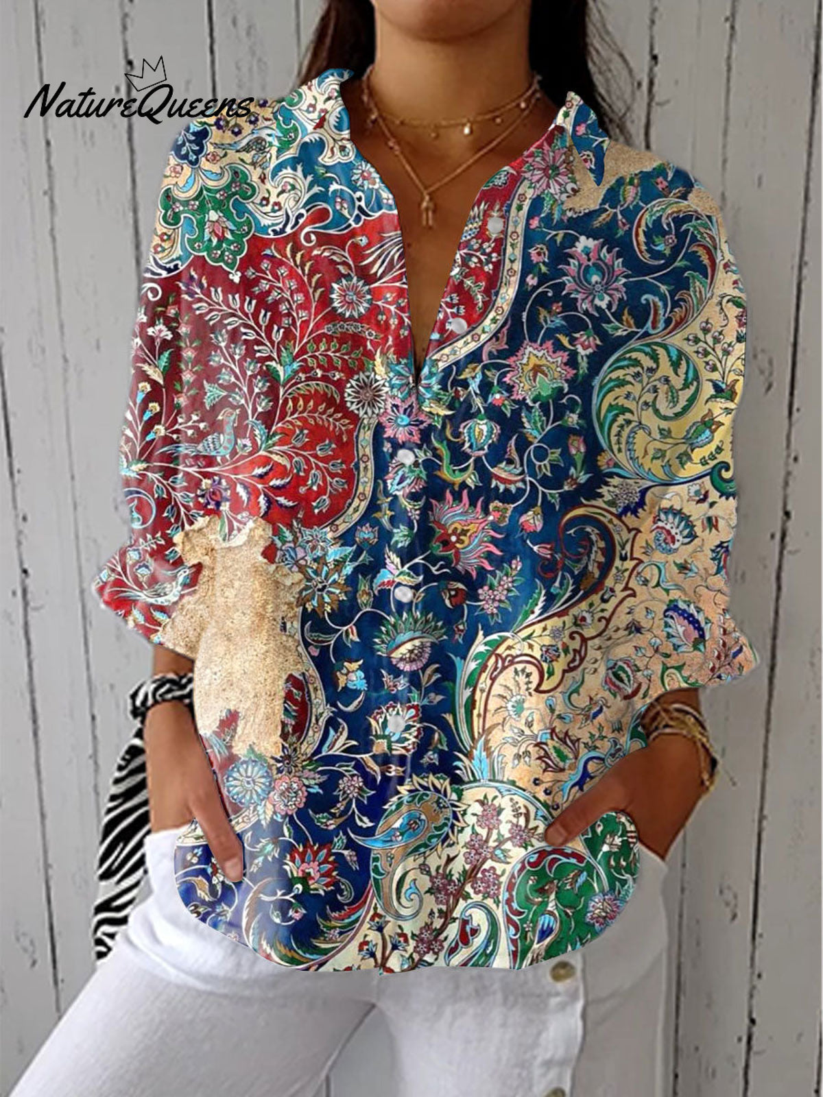 Women'sVintage Flowers Art Print Casual Linen V-neck Shirt