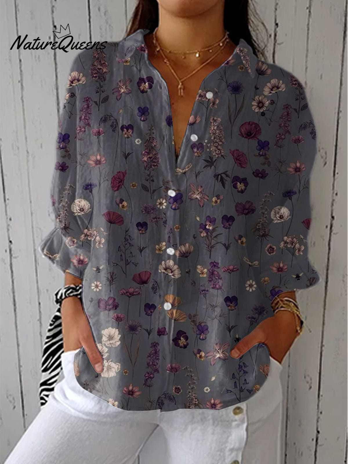 Women'sVintage Flowers Art Print Casual Linen V-neck Shirt