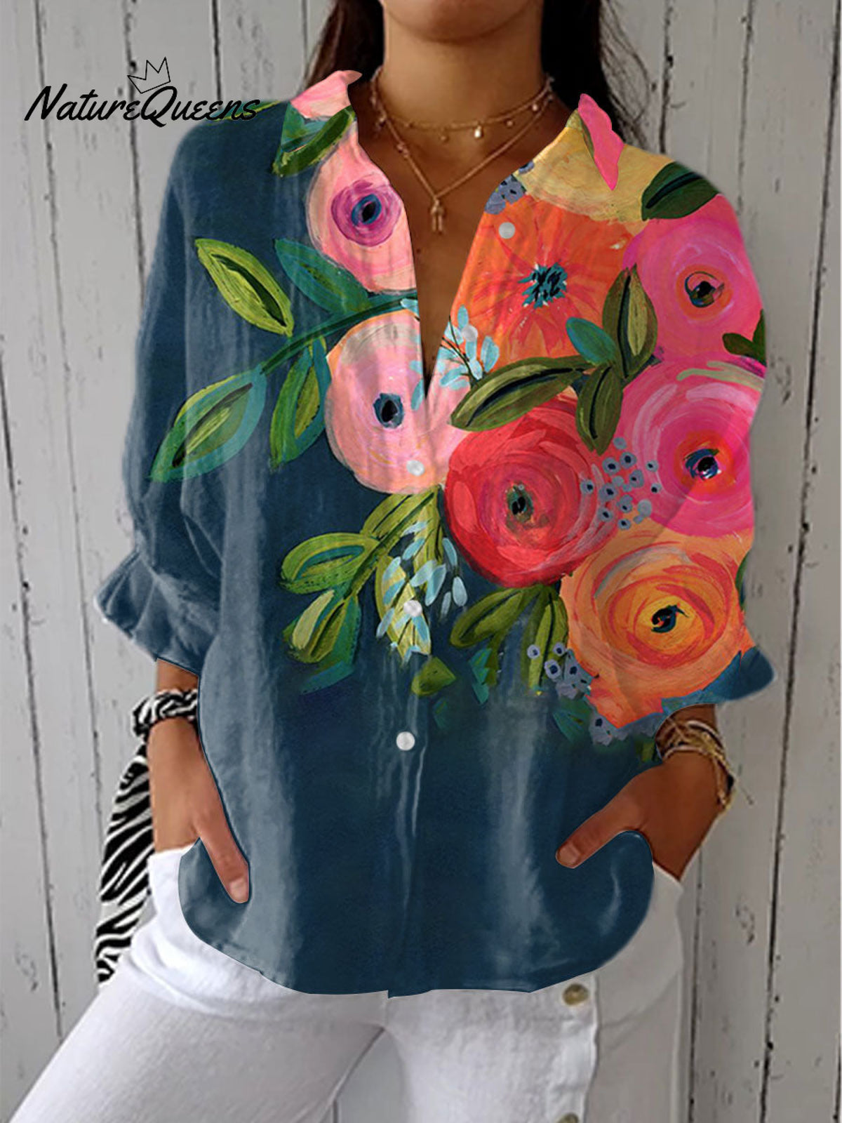 Women'sVintage Flowers Art Print Casual Linen V-neck Shirt