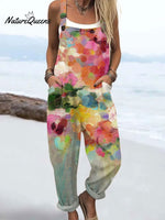 Women'sVintage Flowers Art Print Casual 100% Cotton Wide Leg Jumpsuit