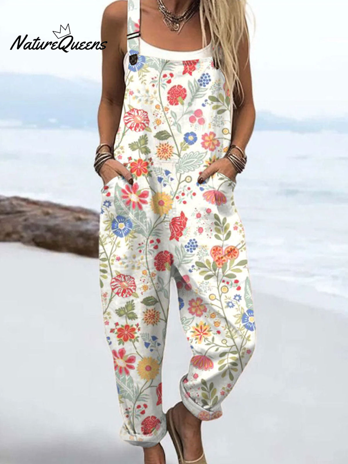 Women'sVintage Flowers Art Print Casual 100% Cotton Wide Leg Jumpsuit