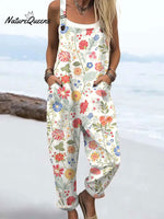 Women'sVintage Flowers Art Print Casual 100% Cotton Wide Leg Jumpsuit