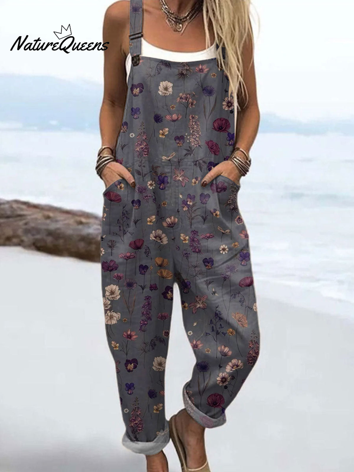 Women'sVintage Flowers Art Print Casual 100% Cotton Wide Leg Jumpsuit