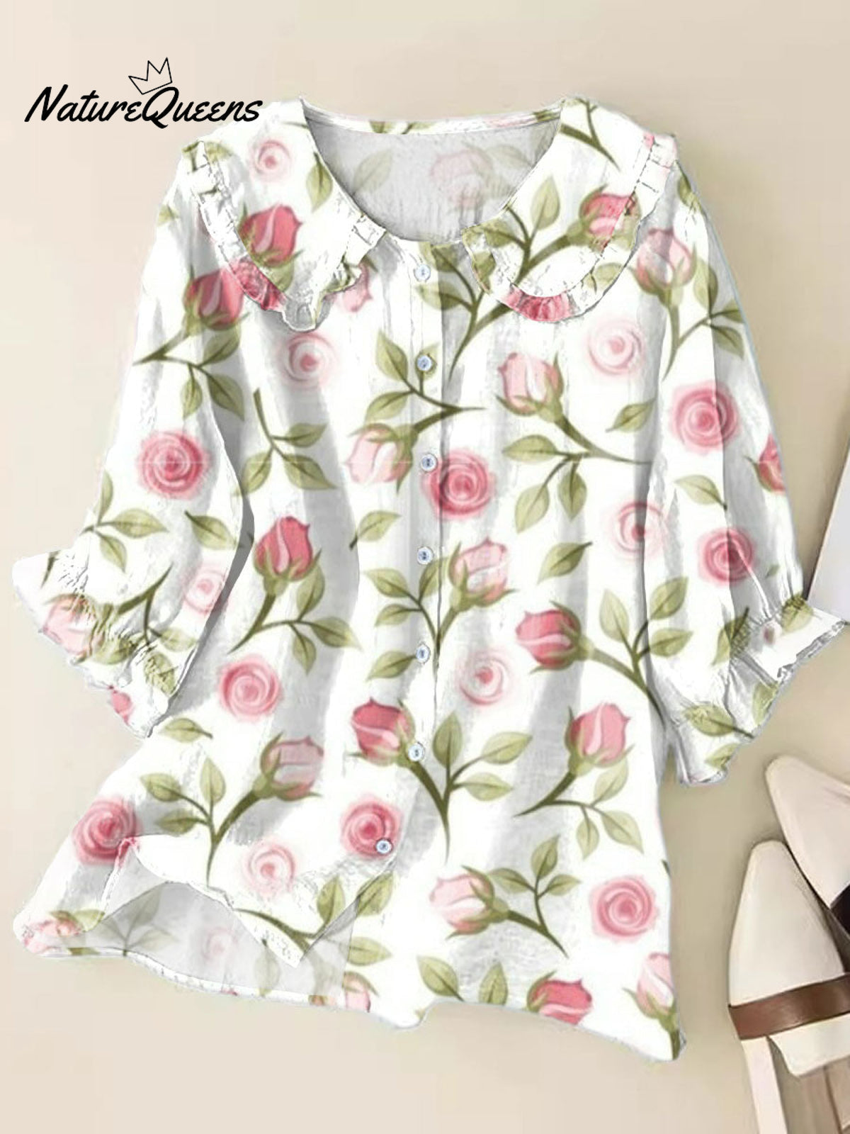 Women'sFresh Floral Art Print Loose Top Peter Pan Collar Half Sleeve Blouses