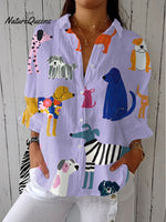 Women'sFunny DogArtPrint Casual Linen V-neck Shirt