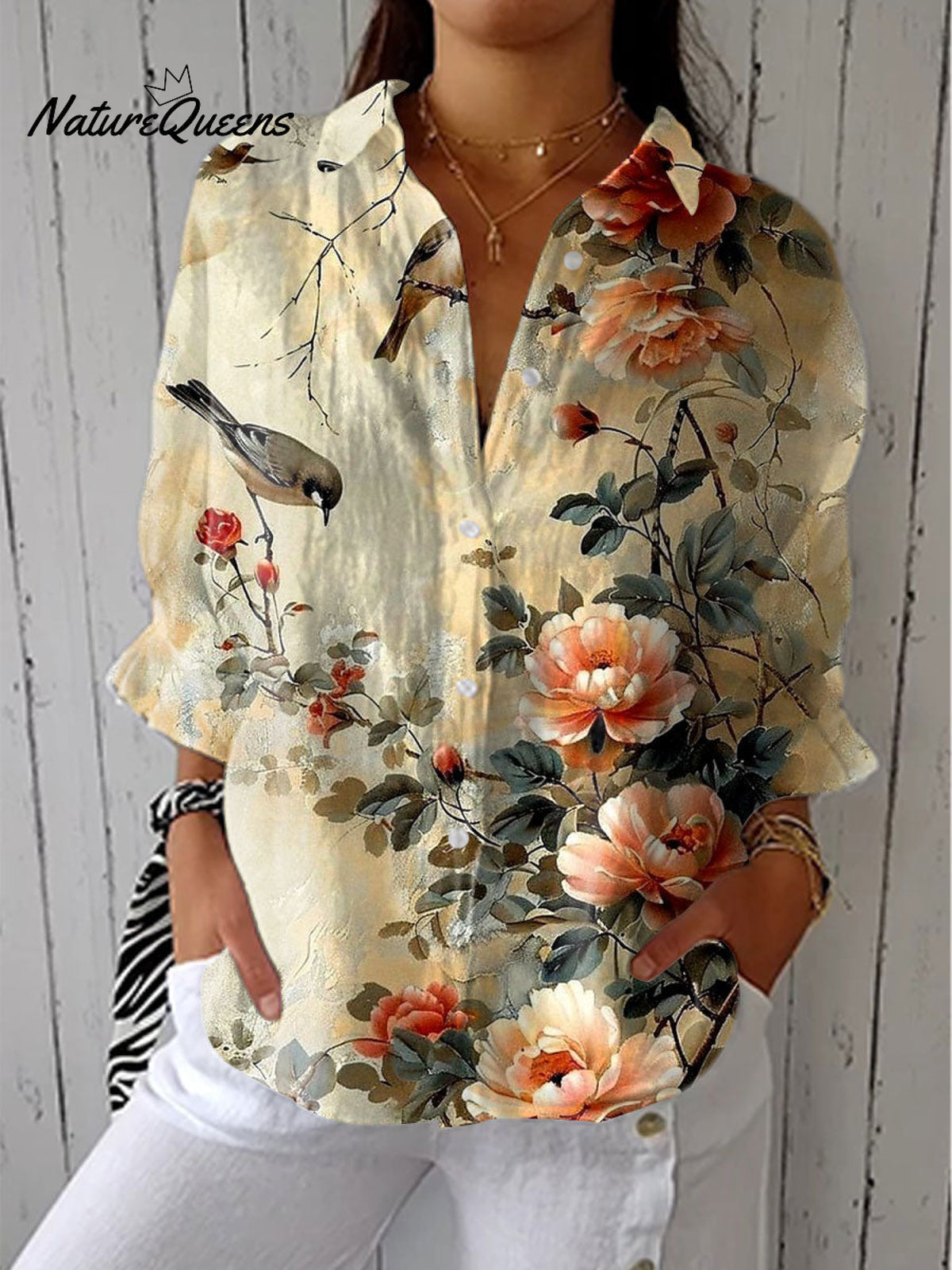 Women'sVintage Flowers Art Print Casual Linen V-neck Shirt