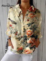 Women'sVintage Flowers Art Print Casual Linen V-neck Shirt