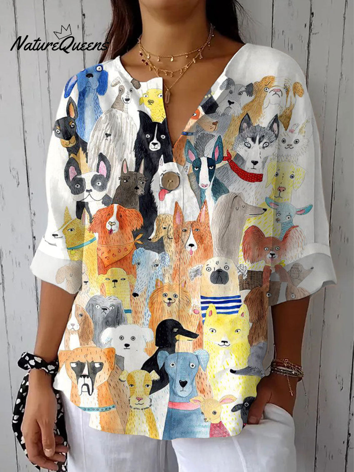 Women's Funny Dogs Art Print Casual Cotton Linen Shirt