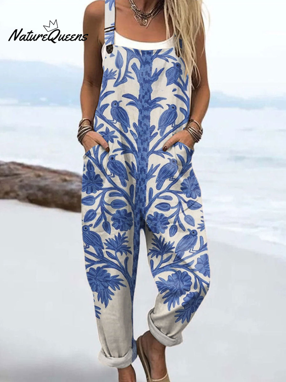 Women'sVintage Flowers Art Print Casual 100% Cotton Wide Leg Jumpsuit