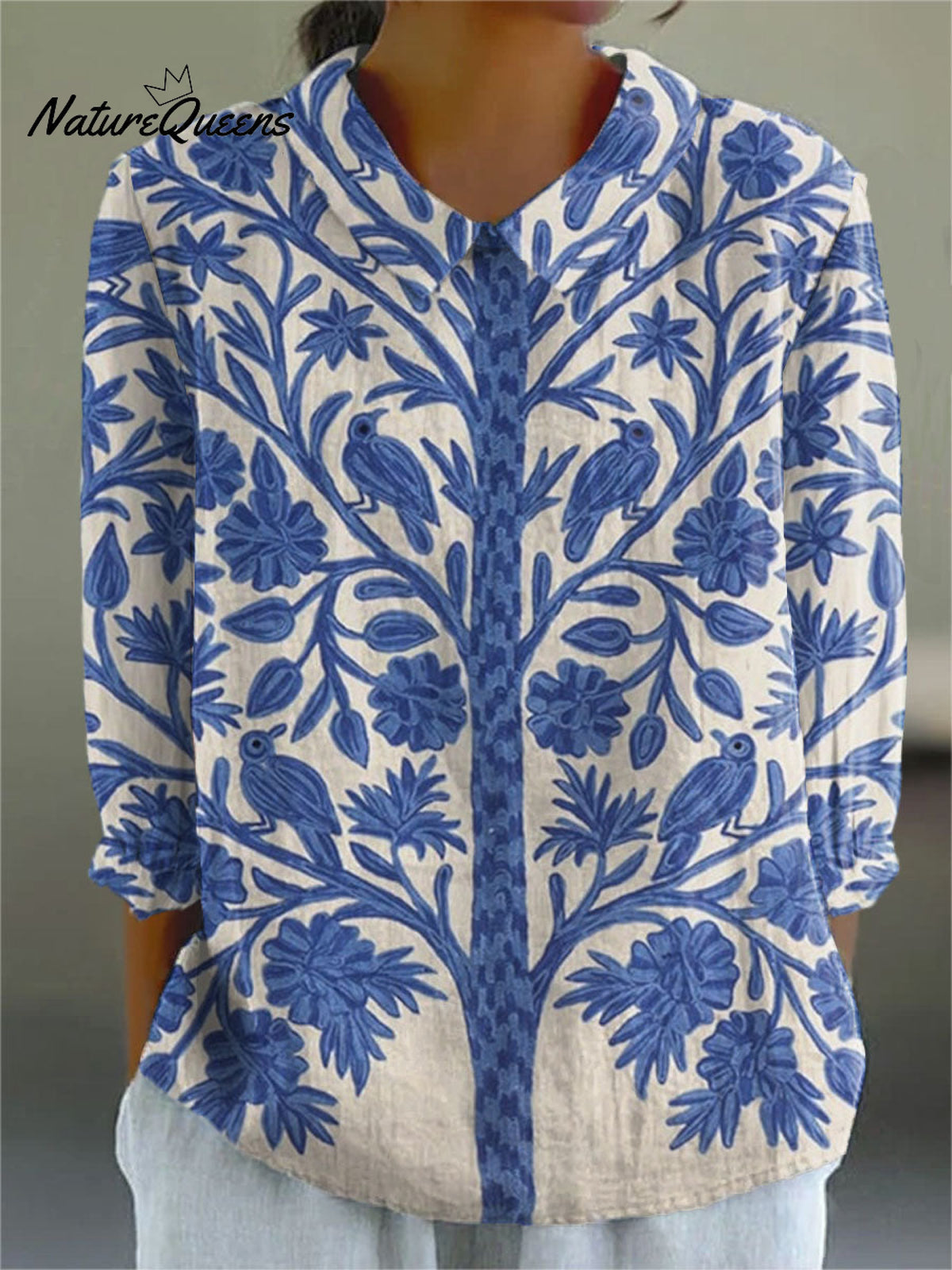 Women's Vintage Floral Art Print Casual Cotton And Linen 3/4 Sleeve Shirt