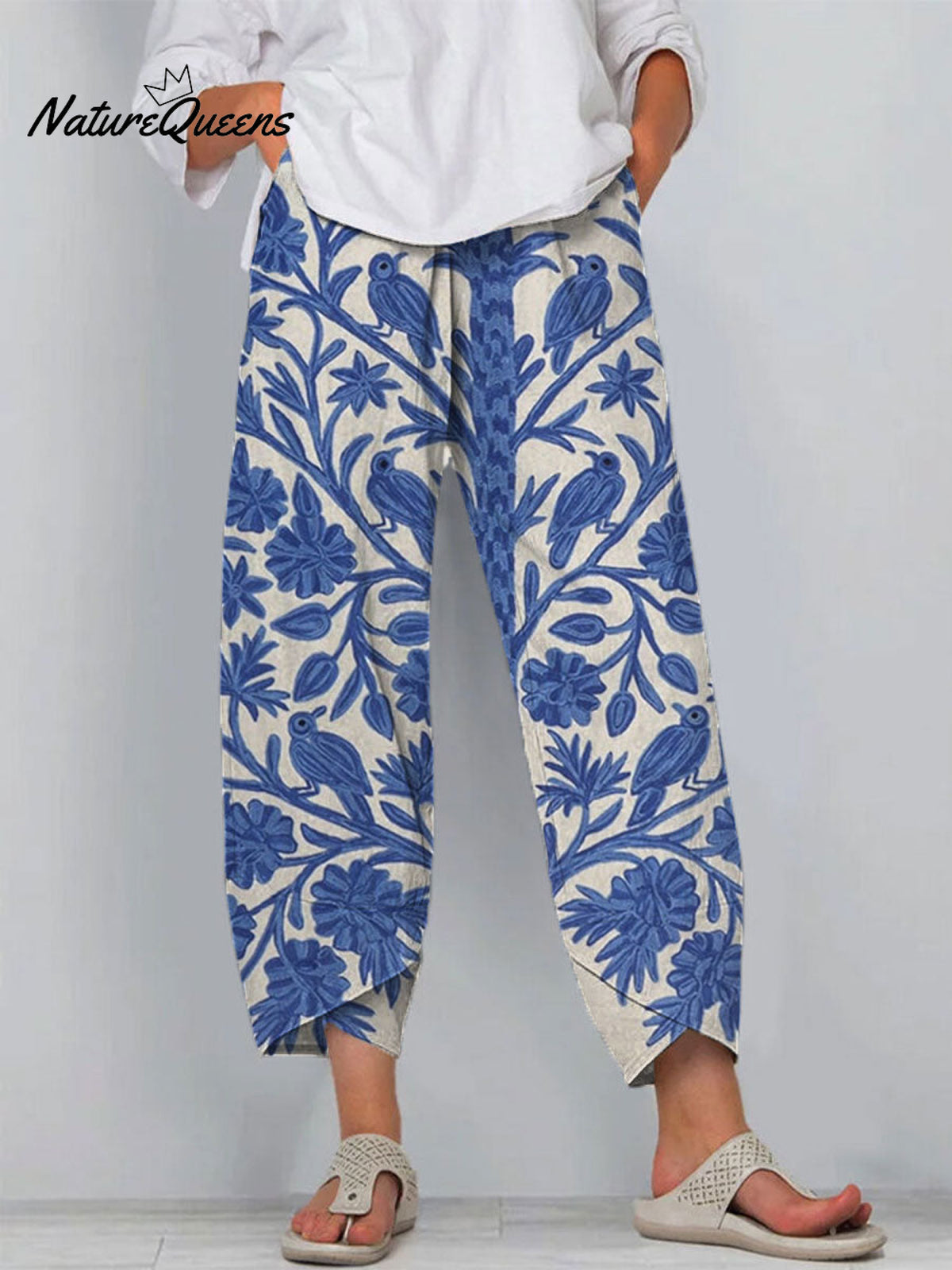 Women's Vintage Flowers Art Printed Cotton And Linen Casual Pants