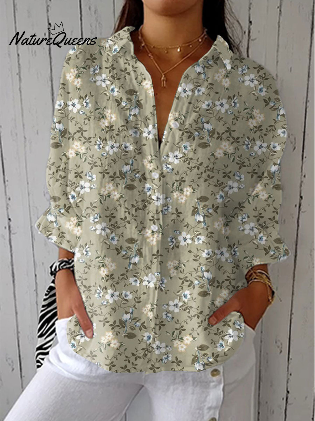 Women'sPastoral Flowers Art Print Casual Linen V-neck Shirt