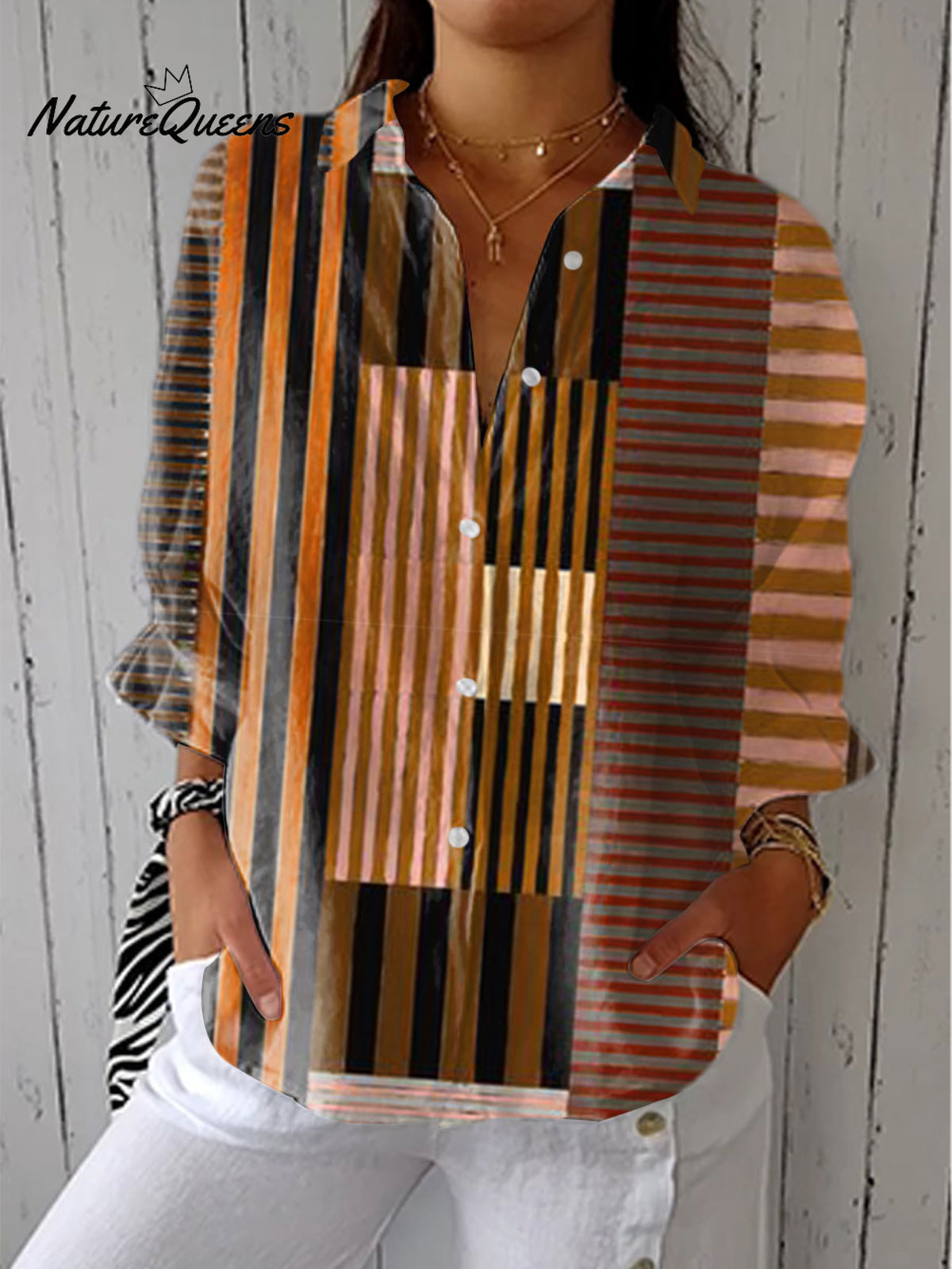 Women'sVintage Abstract Geometric Art Print Casual Linen V-neck Shirt