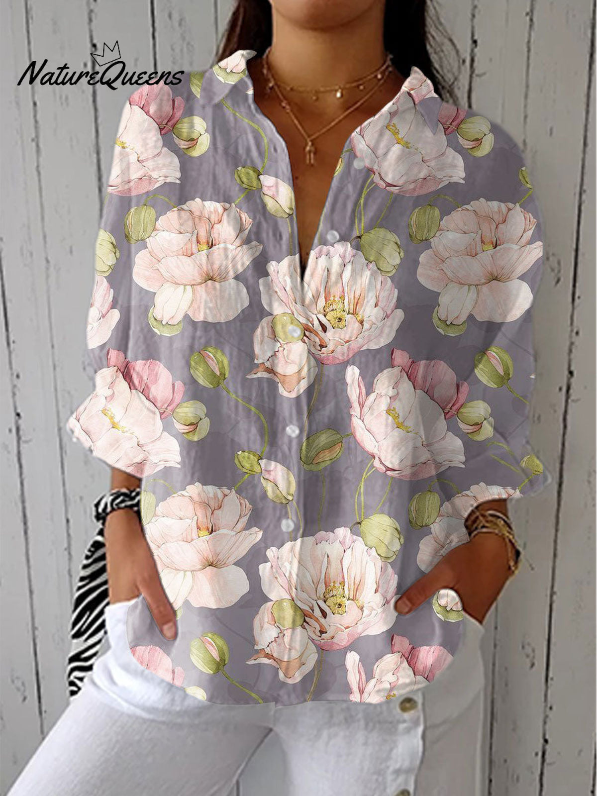Women'sVintage Flowers Art Print Casual Linen V-neck Shirt