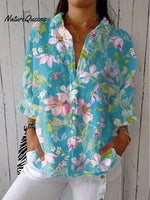 Women'sVintage Flowers Art Print Casual Linen V-neck Shirt