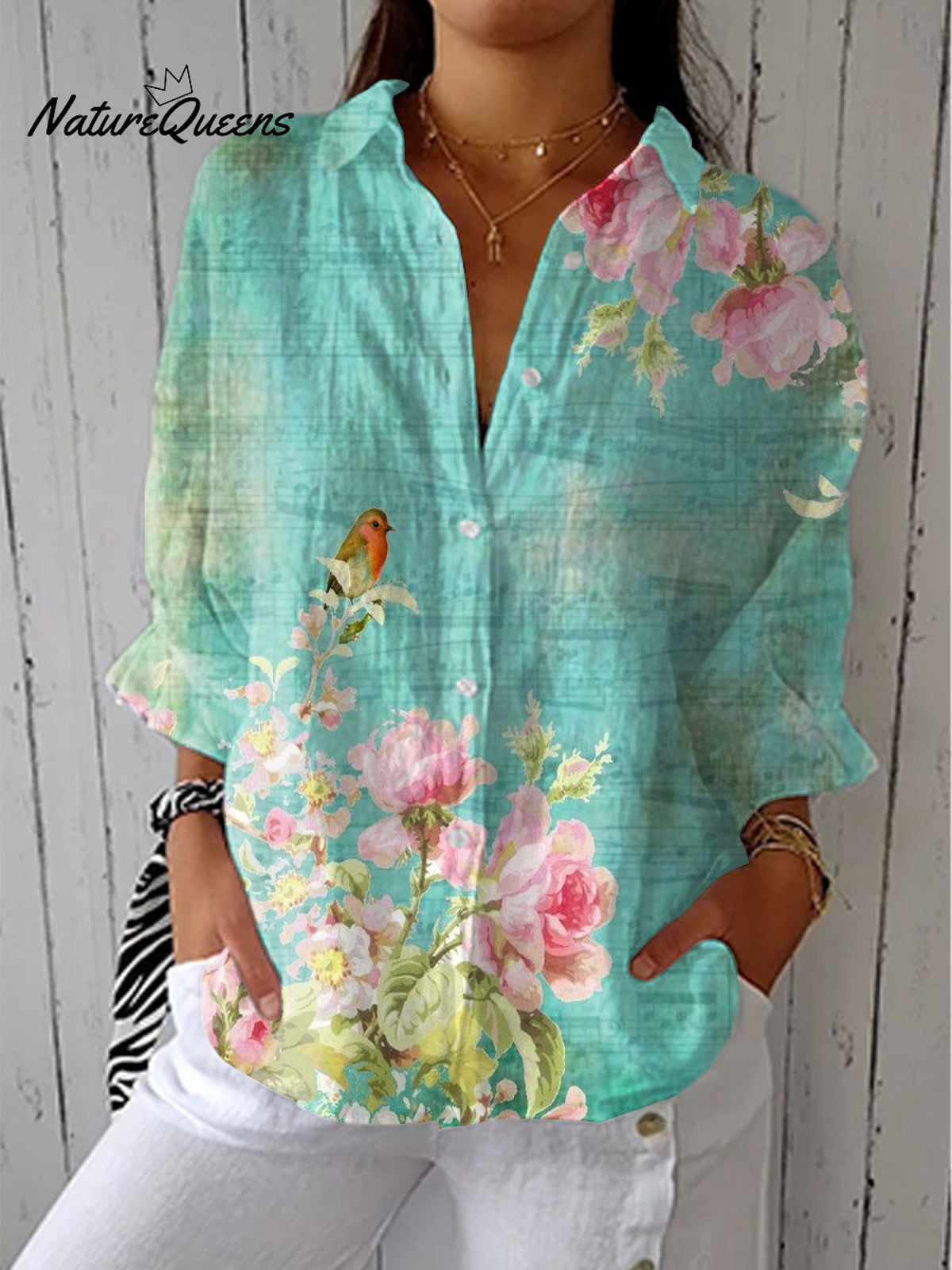 Women'sVintage Flowers Art Print Casual Linen V-neck Shirt