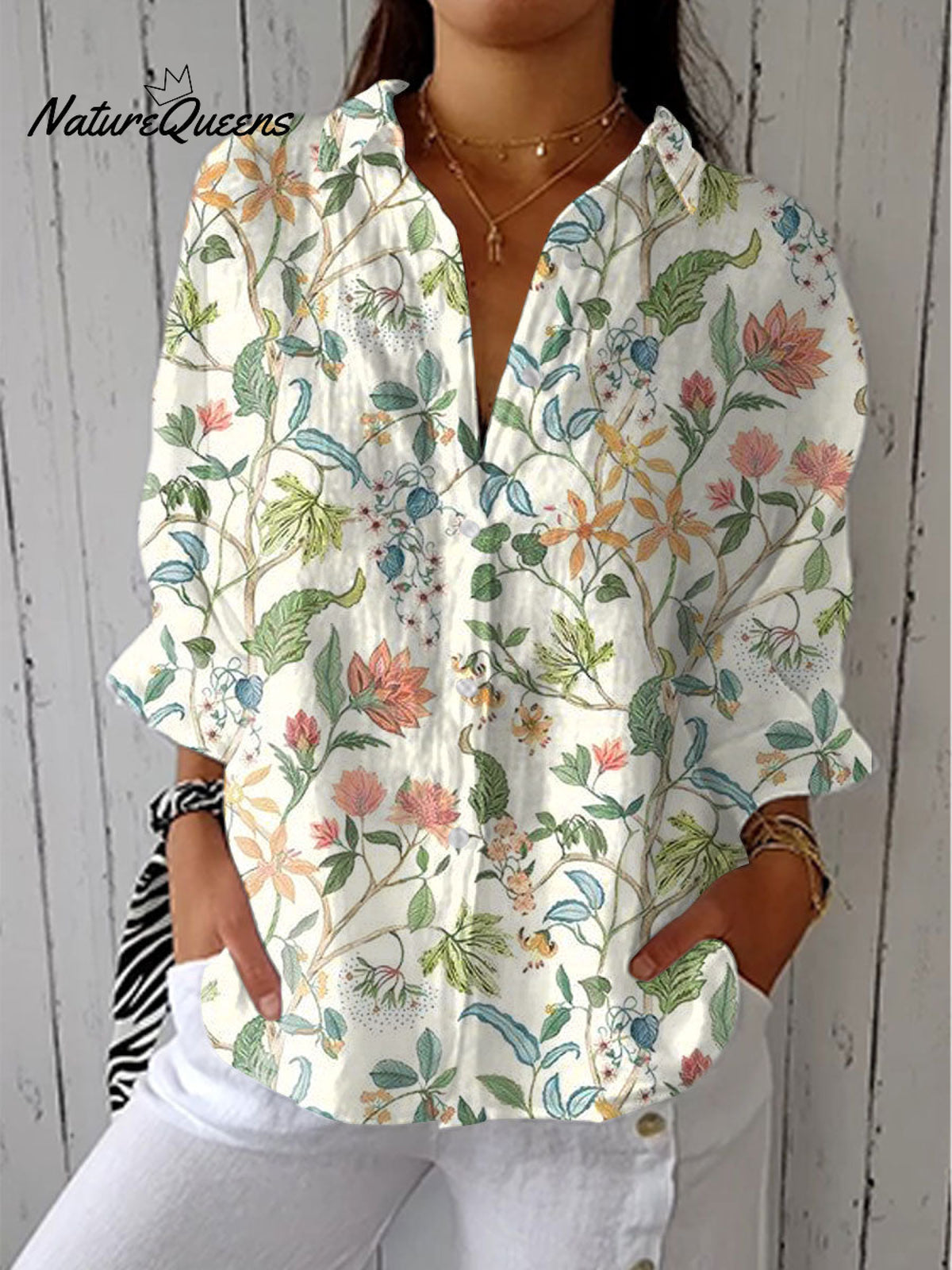 Women'sVintage Flowers Art Print Casual Linen V-neck Shirt