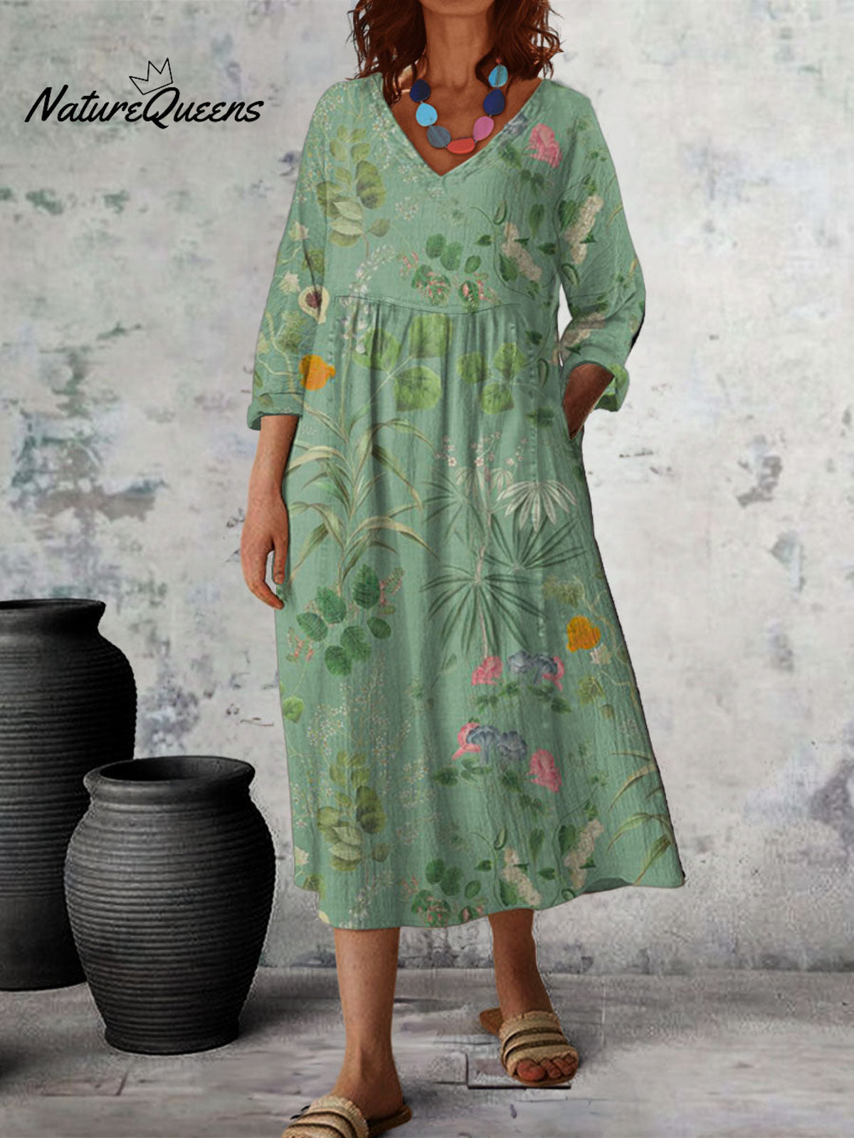 Women's Vintage Flowers Art Print Crew Neck Long Sleeve Cotton Pocket Dress