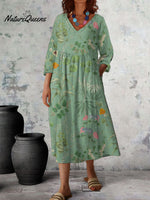 Women's Vintage Flowers Art Print Crew Neck Long Sleeve Cotton Pocket Dress