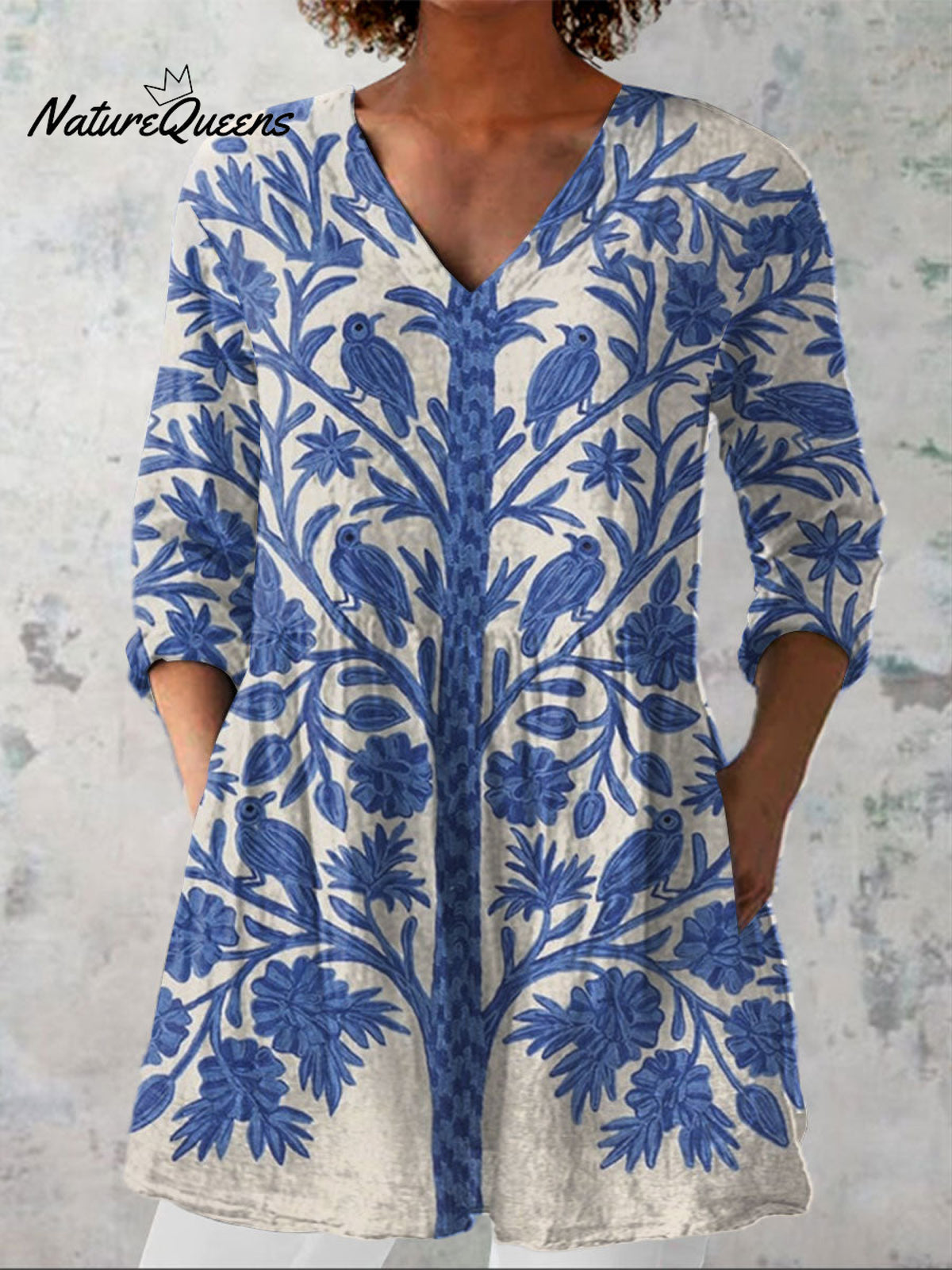 Women'sVintage Flowers Art Print Casual Linen V-neck Shirt