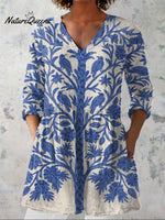 Women'sVintage Flowers Art Print Casual Linen V-neck Shirt