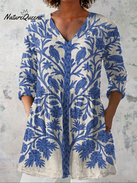 Women's  Vintage Flowers Art Print Casual Linen V-neck Shirt