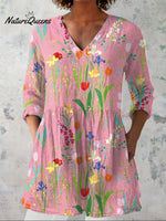 Women'sVintage Flowers Art Print Casual Linen V-neck Shirt