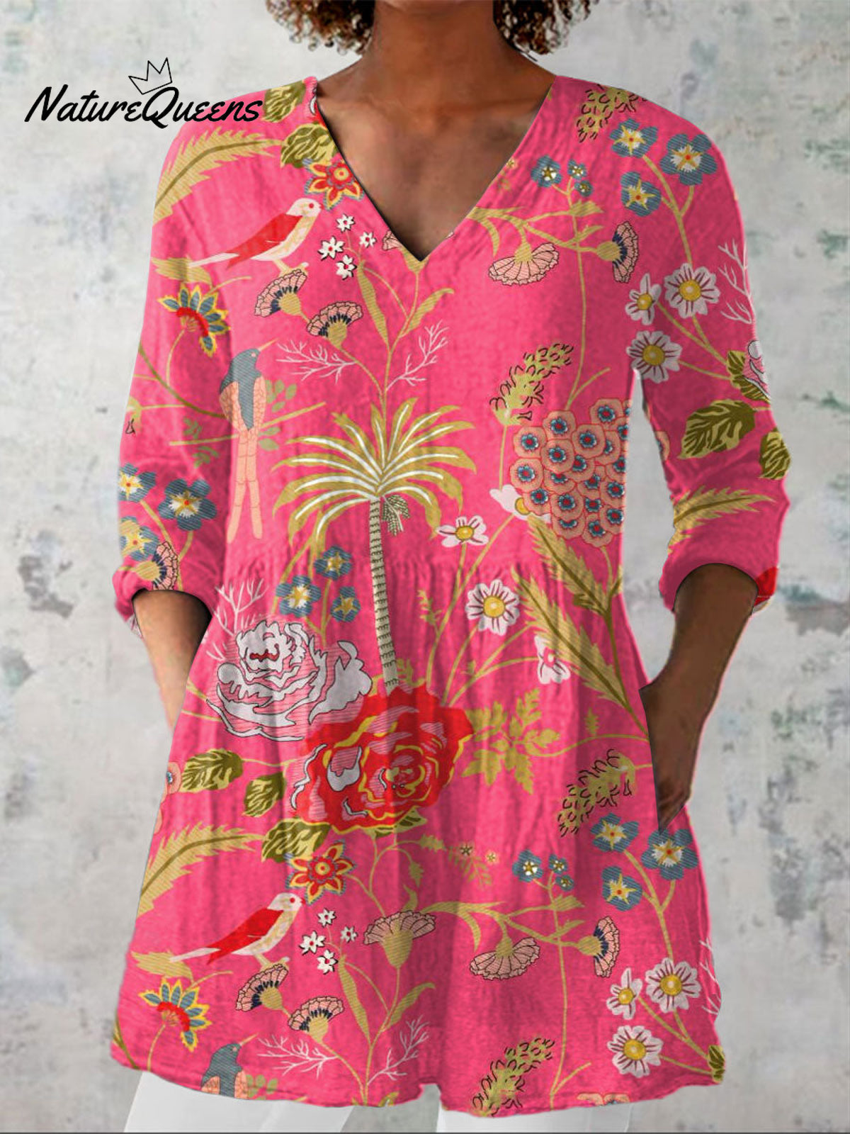 Women'sVintage Flowers Art Print Casual Linen V-neck Shirt