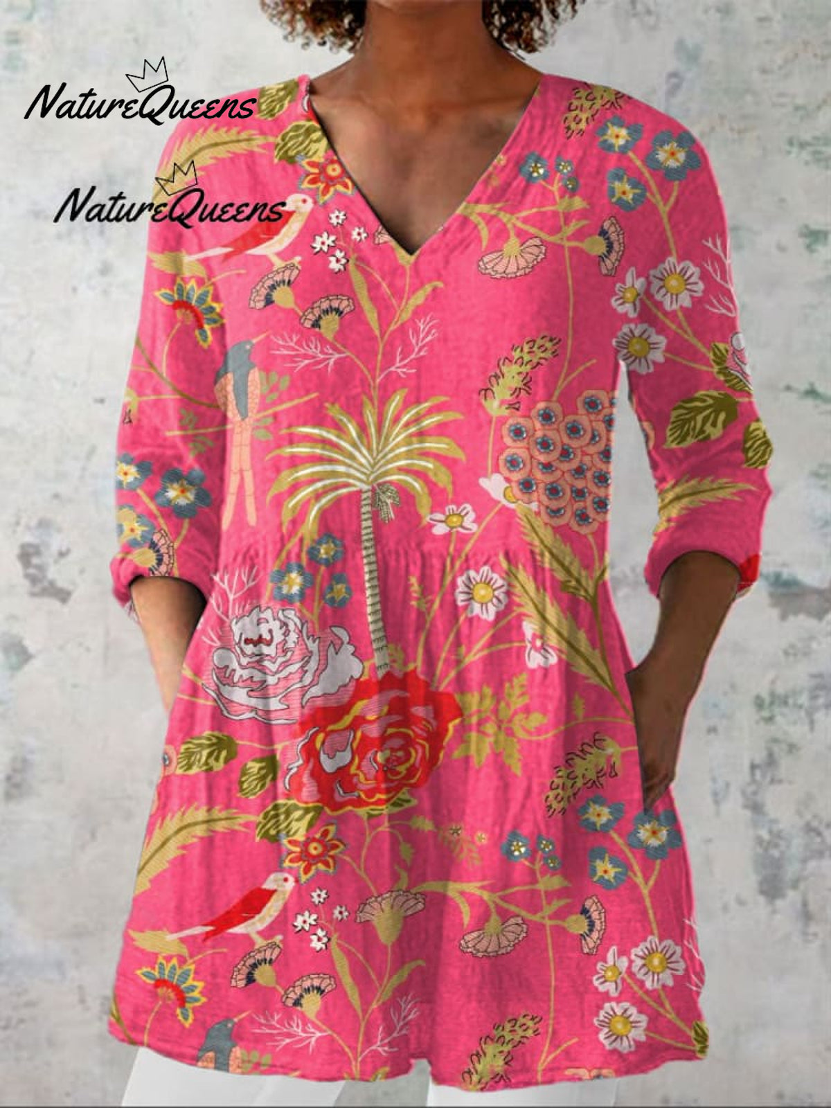 Women'sVintage Flowers Art Print Casual Linen V-neck Shirt