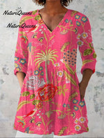 Women'sVintage Flowers Art Print Casual Linen V-neck Shirt