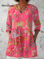 Women'sVintage Flowers Art Print Casual Linen V-neck Shirt