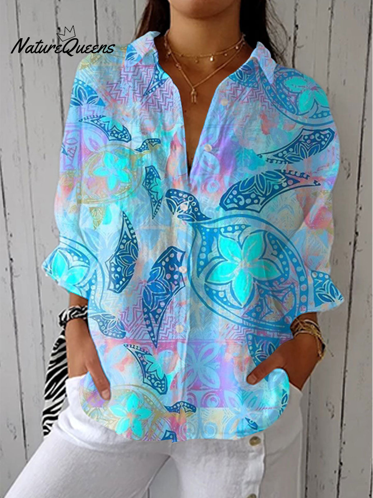 Women's Vintage Turtle Art PrintCasual Linen V-neck Shirt