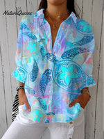 Women's Vintage Turtle Art PrintCasual Linen V-neck Shirt