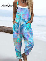 Women'sVintage Turtle Art Print Casual 100% Cotton Wide Leg Jumpsuit