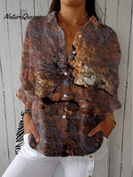 Women'sVintageAged Rust Print Casual Linen V-neck Shirt