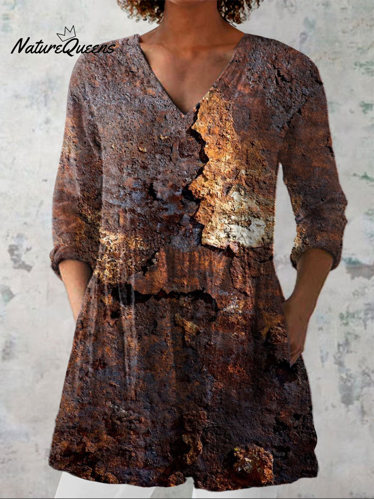 Women'sVintage Aged Rust Print Casual Linen V-neck Shirt