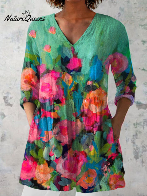 Women's  Vintage Flowers Print Casual Linen V-neck Shirt